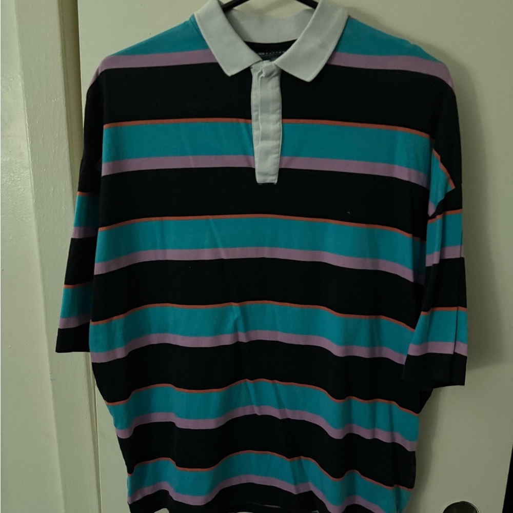 Black and Blue with pink and orange Polo Shirt Bold Striped Design